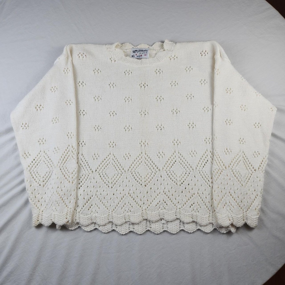 Helium Vintage 90s Geometric Abstract Knit White Cream Sweater Womens Size M